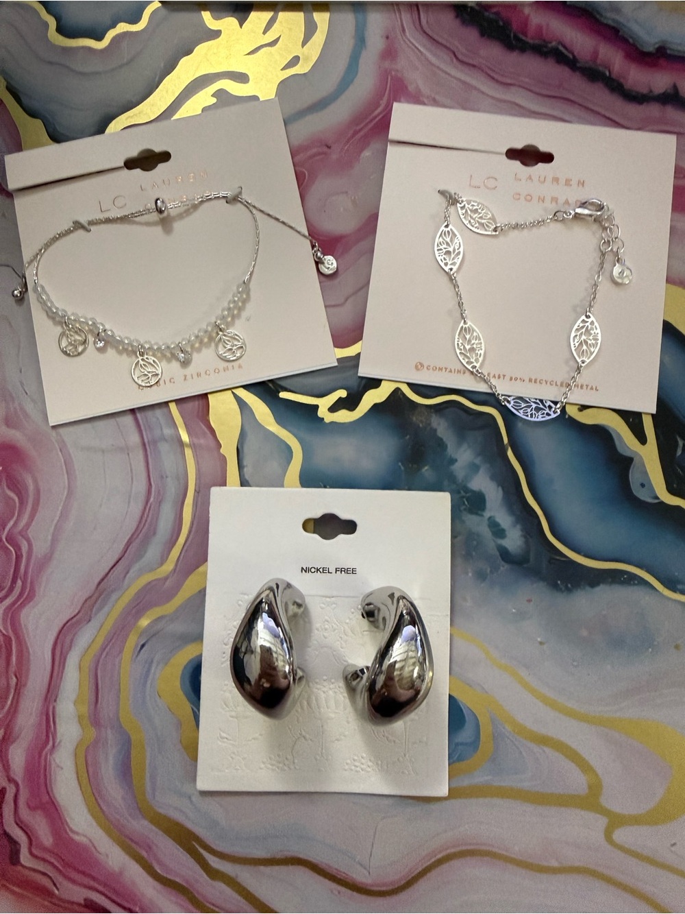 LC Lauren Conrad Silver Leaf Bracelets and Dome Hoop Earrings Set